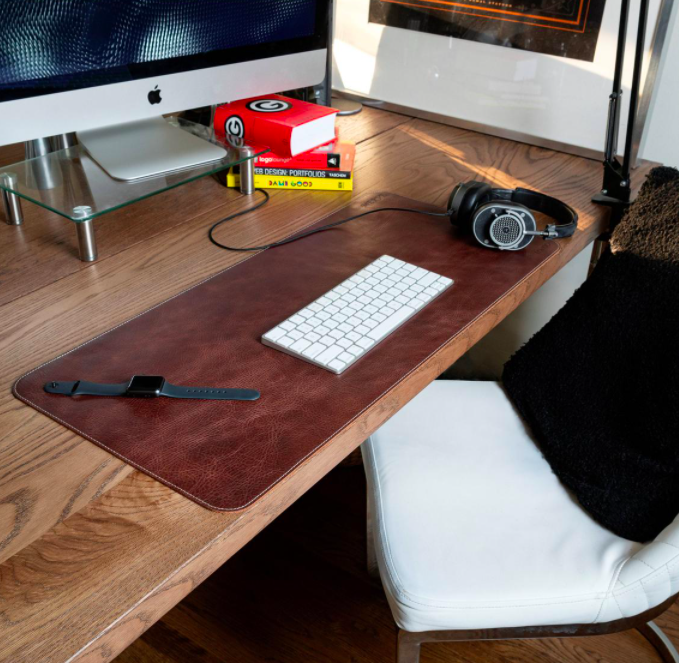 The leather pad on a large desk
