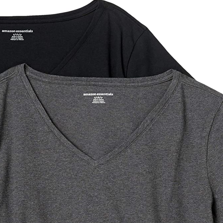 A black and gray version of the shirt with a close up of the V-neckline 