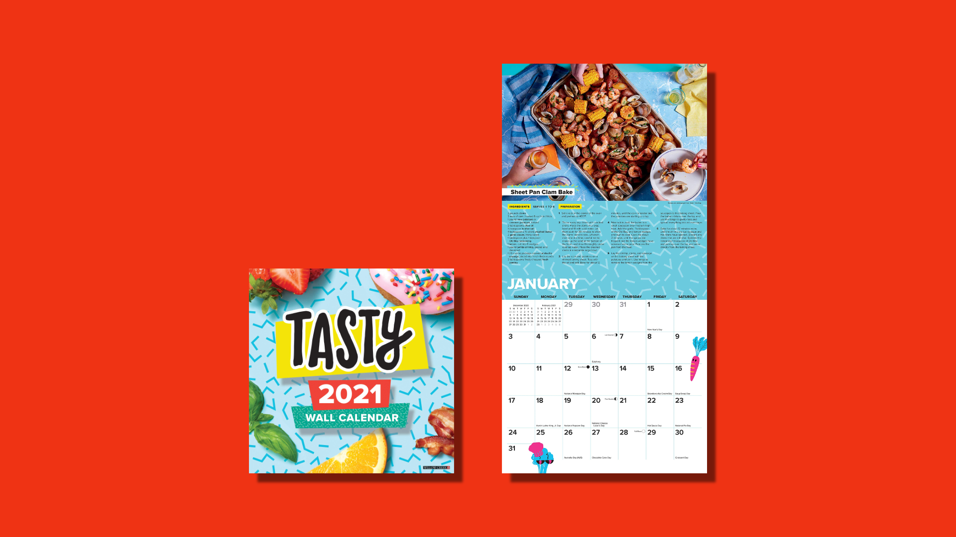 Blue calendar with food images on a red background.