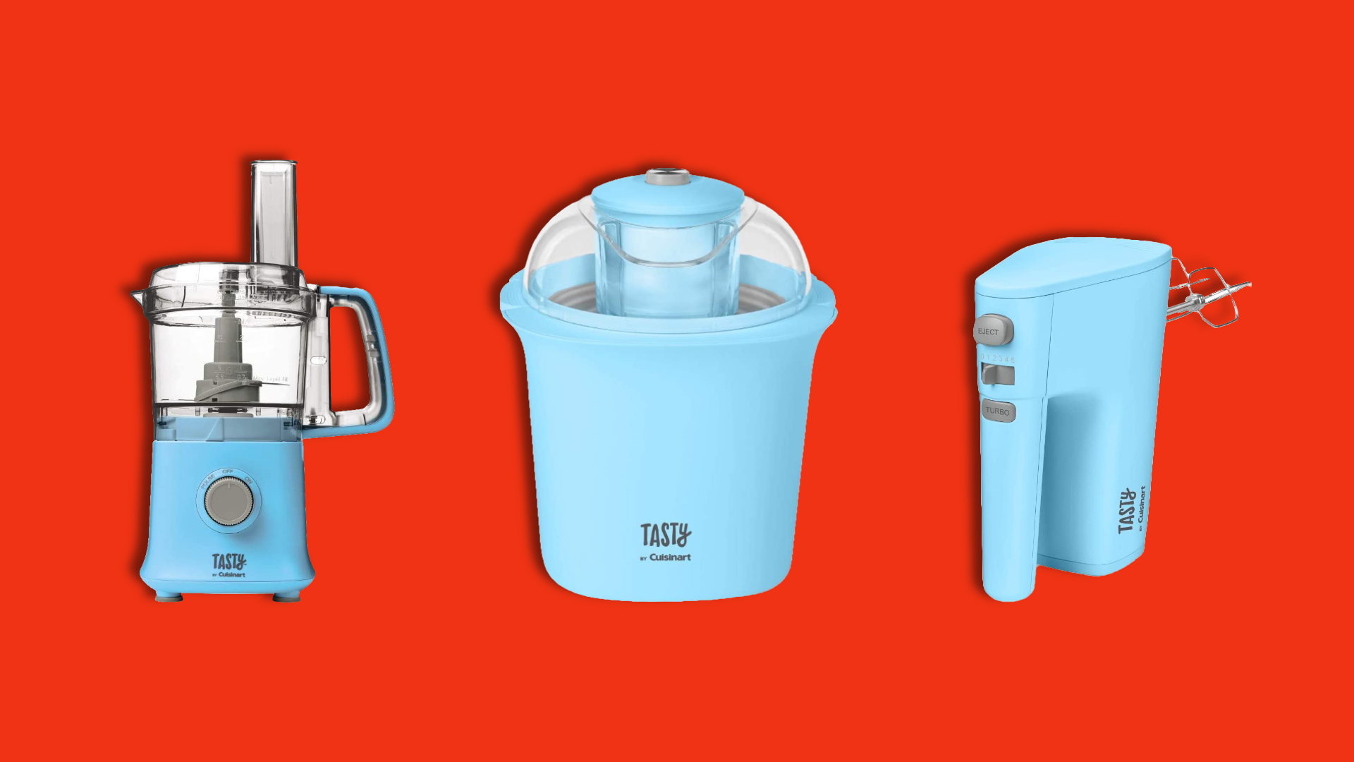 Blue kitchen appliances on a red background.