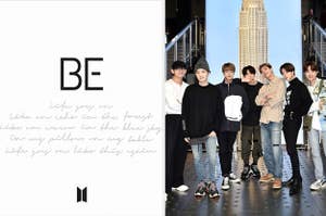 BTS's album cover for BE next to an image of the group