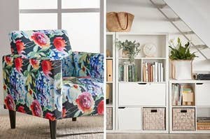 Funky colourful armchair with a floral pattern and a group of bookcases that fit perfectly under the stairs