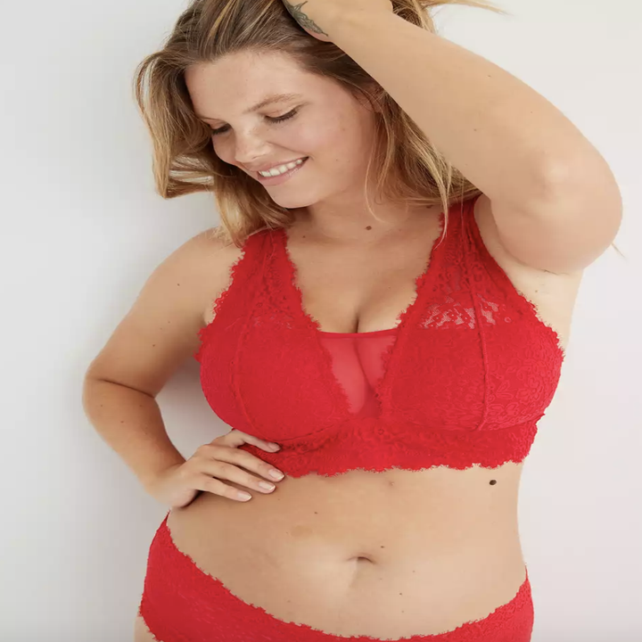 model wearing red lace bra 