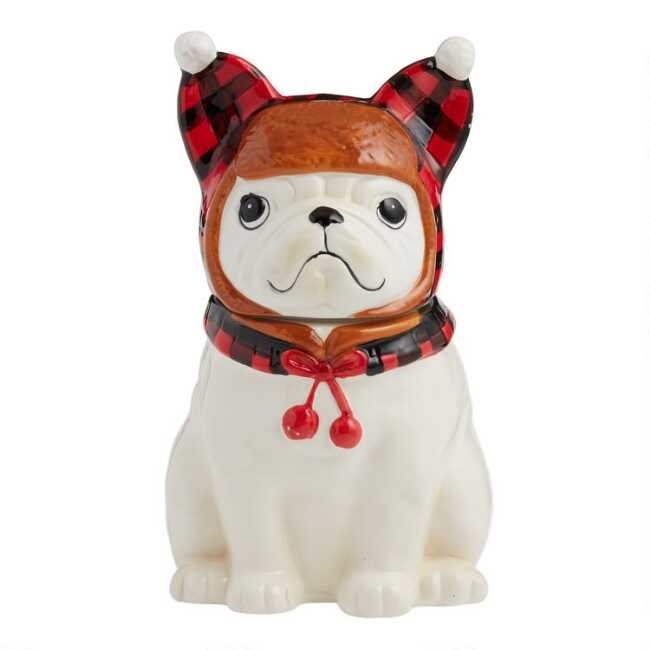 The French bulldog cookie jar which has a plaid trapper hat