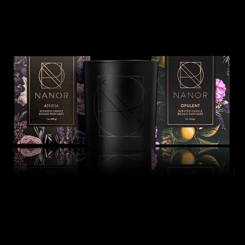 two luxurious candles in a black matte container