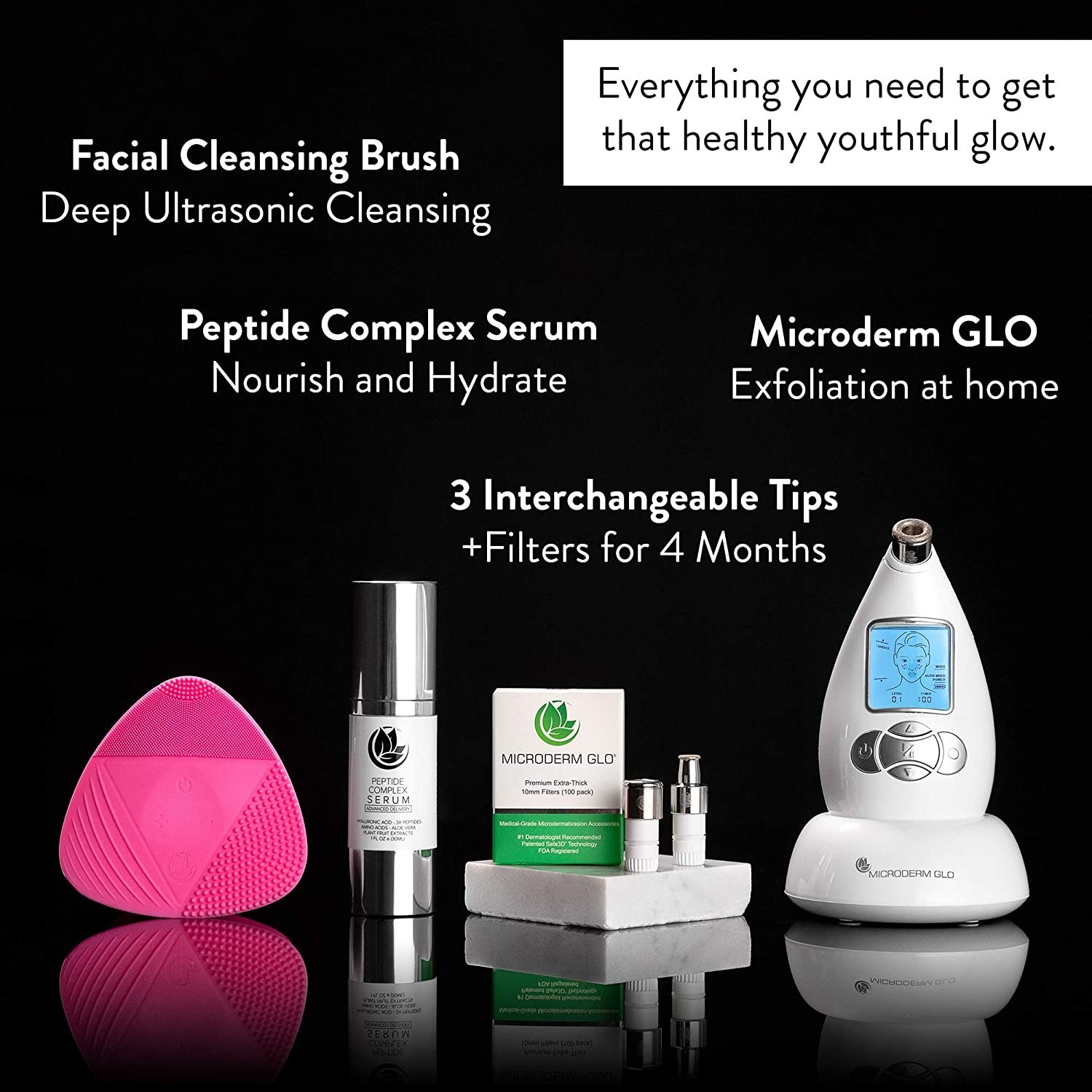 The content of the kits: the cleaning brush, peptide serum, three interchangeable tips, and the Microderm GLO microneedling tool