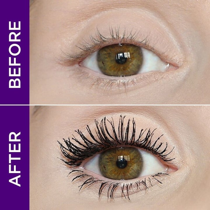 Model's before and after showing the mascara dramatically lengthened their lashes