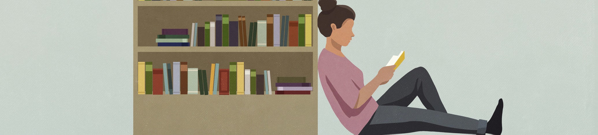 Ilustração de uma estante de livros, com uma pessoa de coque encostada ao lado da estante, lendo um livro.