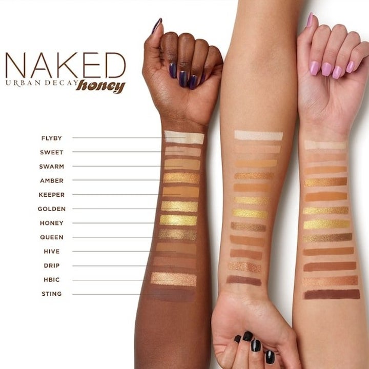 Three arms of different skin tones modeling the shadow swatches