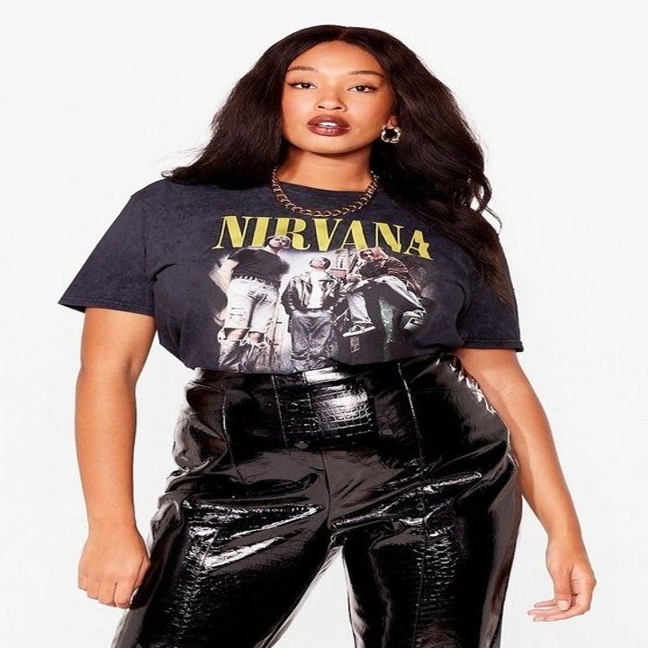 model wearing Nirvana band tee