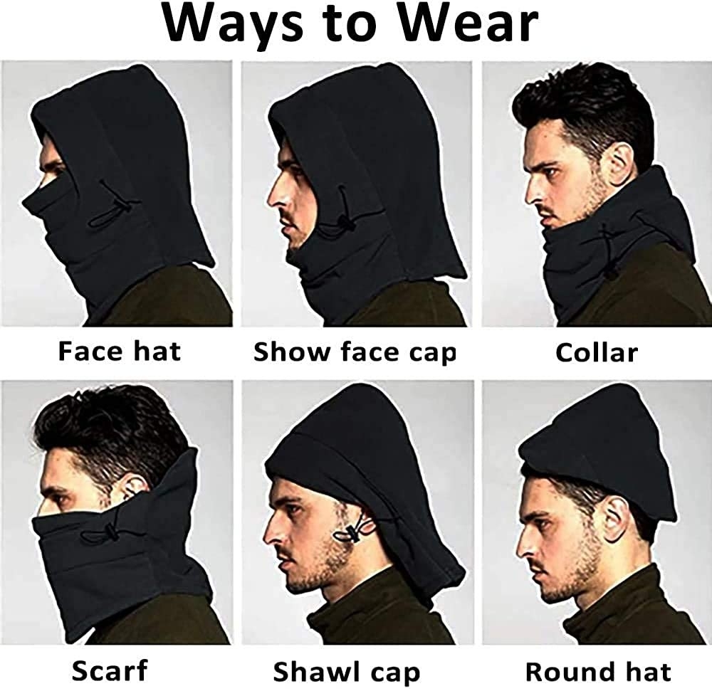 Image showing six different ways of wearing the cap, as a: face hat, show face cap, collar, scarf, shawl cap, and a round hat.