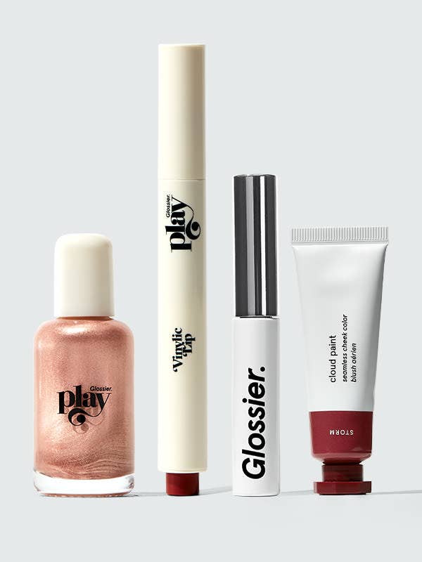 The set, which includes a highlighter, lip color, brow gel, and cream blush