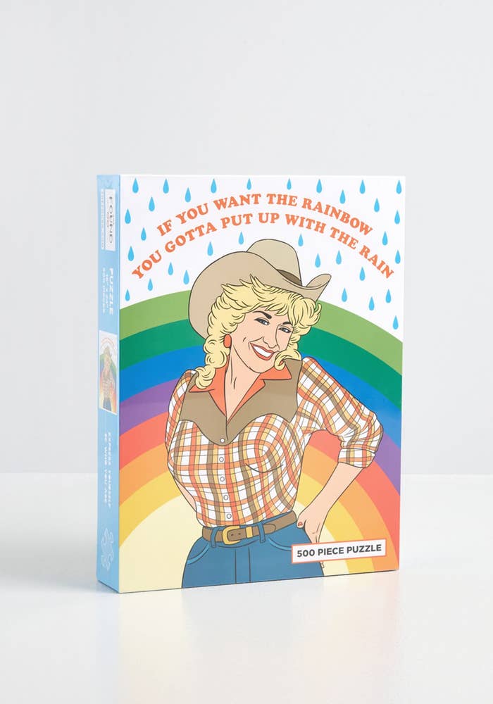 an illustrated puzzle of dolly parton standing in front of a rainbow