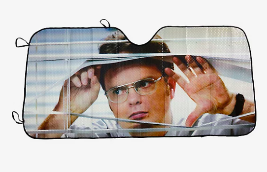 windshield cover that shows dwight peeking out of conference room blinds