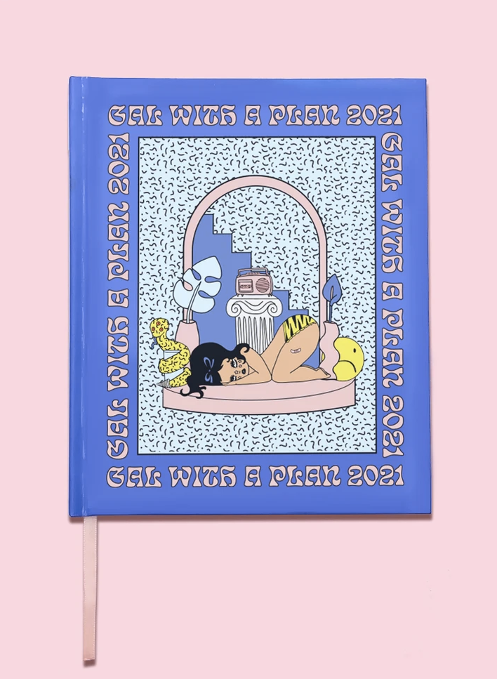hardcover planner that says gal with a plan 2021 and a design of a woman in tiger underwear in front of a column with a speaker next to a monstera