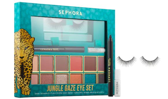 An eyeshadow palette with eyeliner and false eyelashes