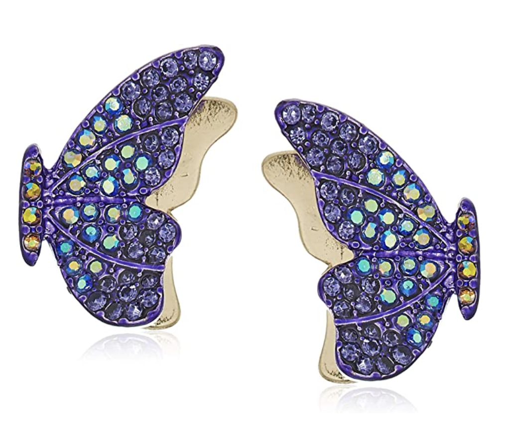 Purple earrings shaped like butterfly wings 