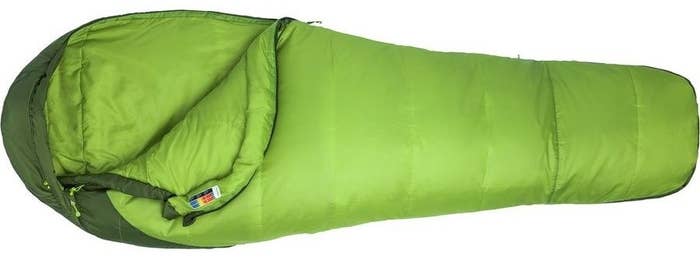 two-tone dark and lime green mummy shaped sleeping bag