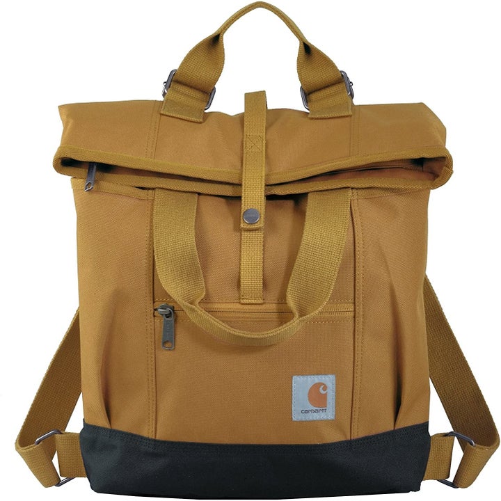 Yellow backpack with front pocket and two handles in addition to straps 