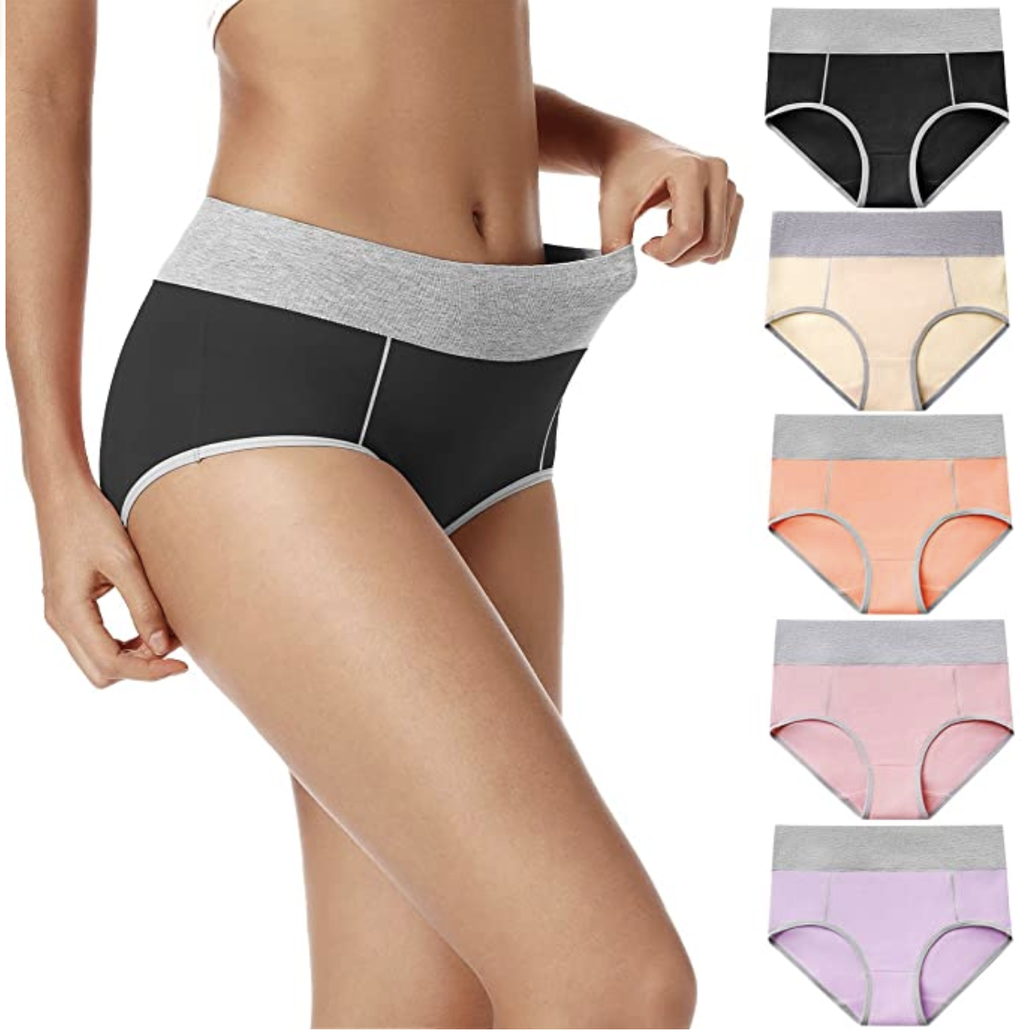 Model in black and gray high waisted underwear next to pic of the undies in yellow, orange, pink, and purple 