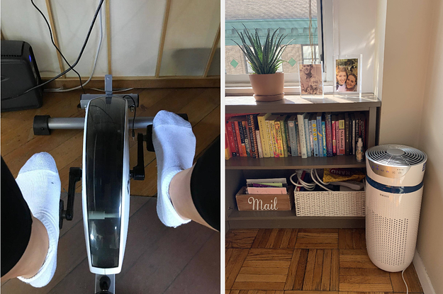 view of feet on an under desk bike for peddling, air purifier