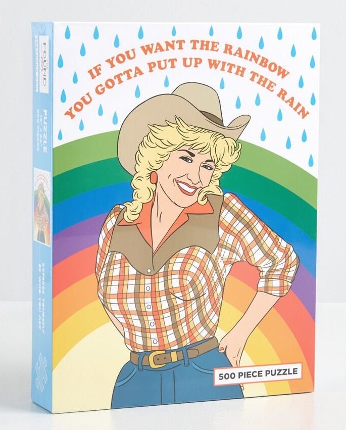puzzle box featuring dolly in front of a rainbow and the text &quot;if you want the rainbow you gotta put up with the rain&quot;