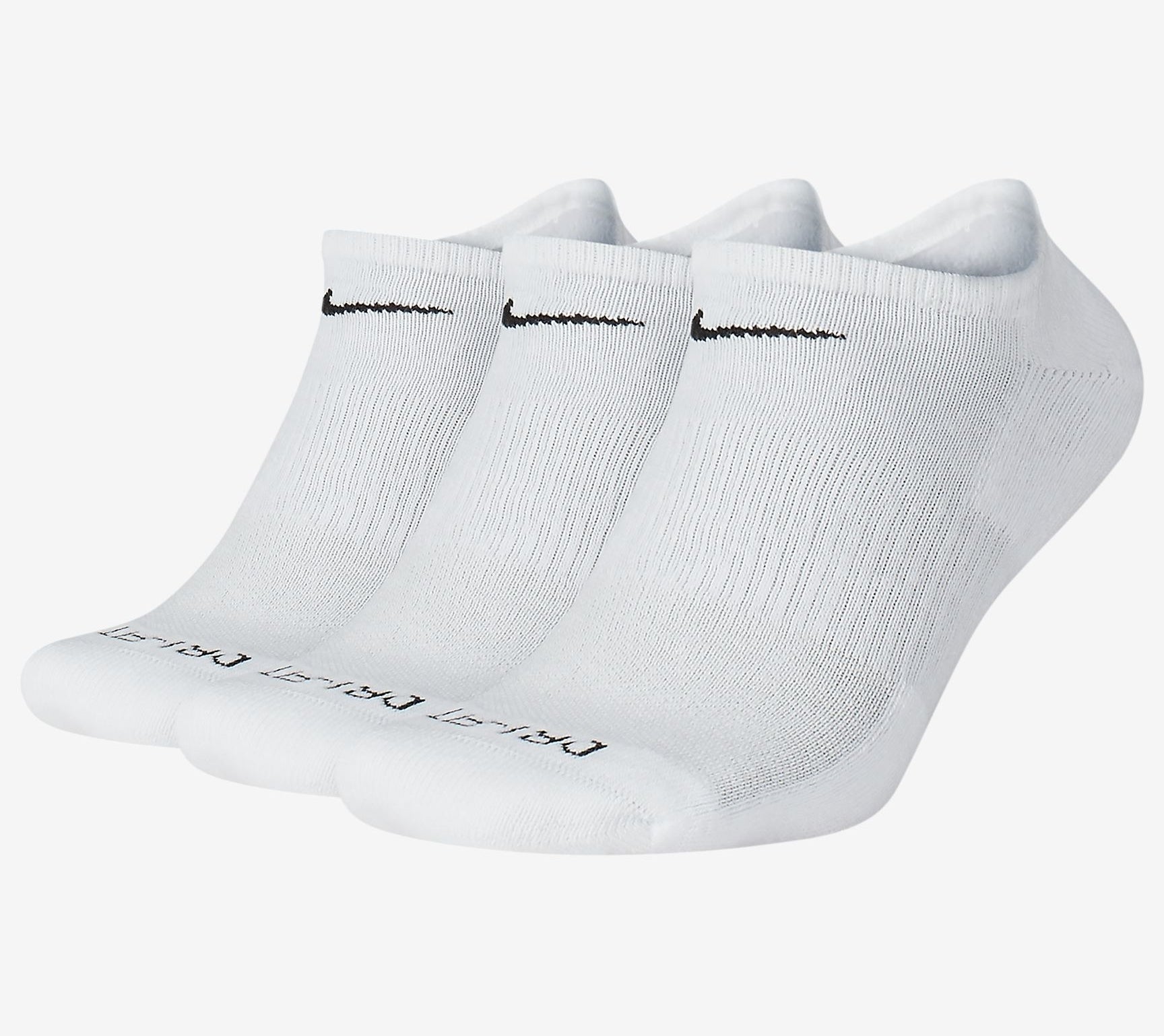 The three socks in white with black Nike logo on the top and Dri-fi on the toe in black