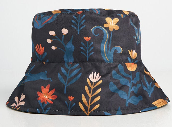 navy bucket hat with colorful floral pattern 