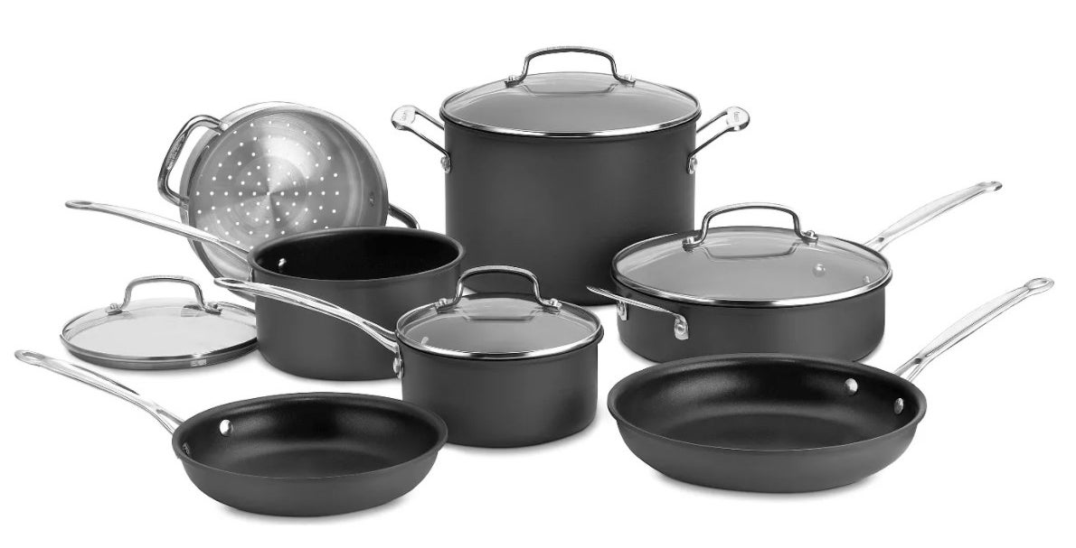 the cookware set in black and silver detailing 