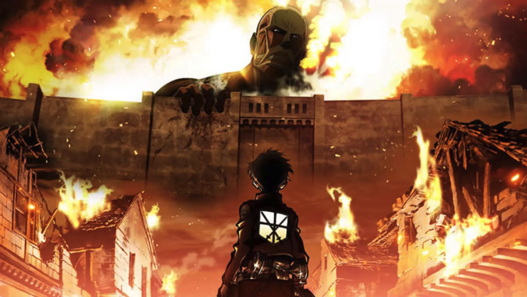 Eren from Attack on Titan looking at a titan above a wall surrounding his town