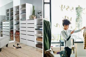 Side by side image showing a beautiful storage closet next to someone looking at clothes