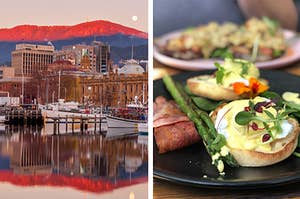 Side by side of a sunrise in Hobart and a Sydney brunch photo featuring Eggs Benedict 