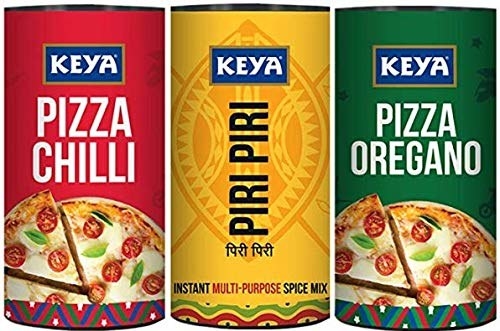 Three pizza sprinklers: pizza chilli, piri piri, and pizza oregano.