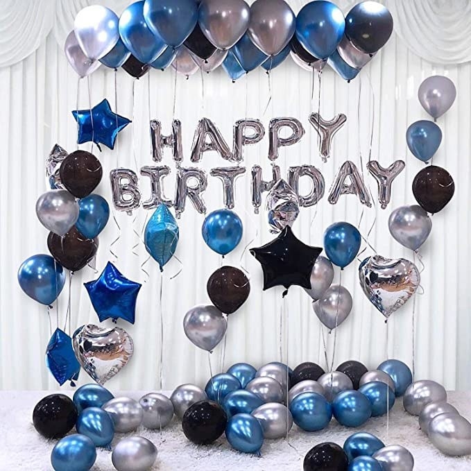 Silver alphabet balloons with metallic blue and black classic and star shaped balloons