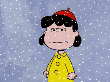 A cartoon standing in a snowstorm