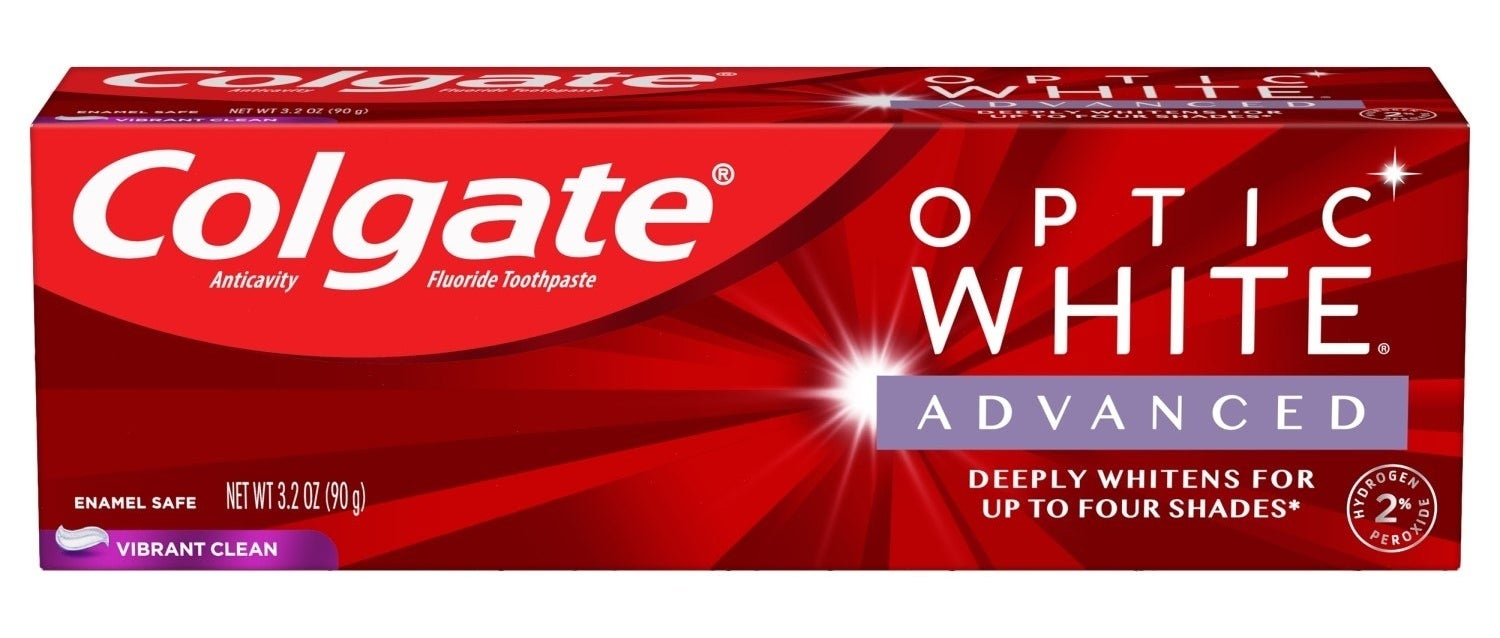 The red box which claims the toothpaste &quot;deeply whitens for up to four shades&quot;