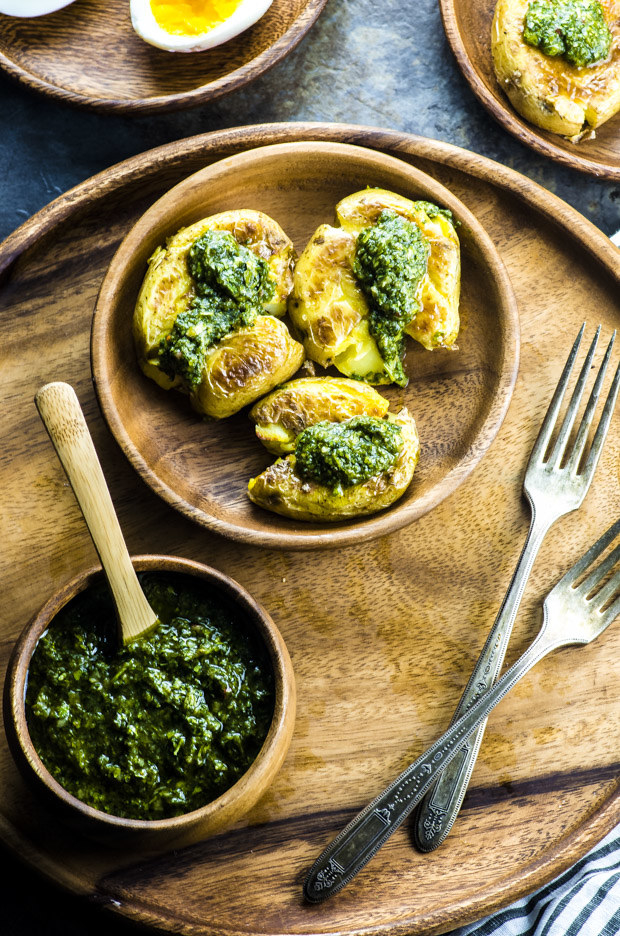 Smashed potatoes with chimichurri