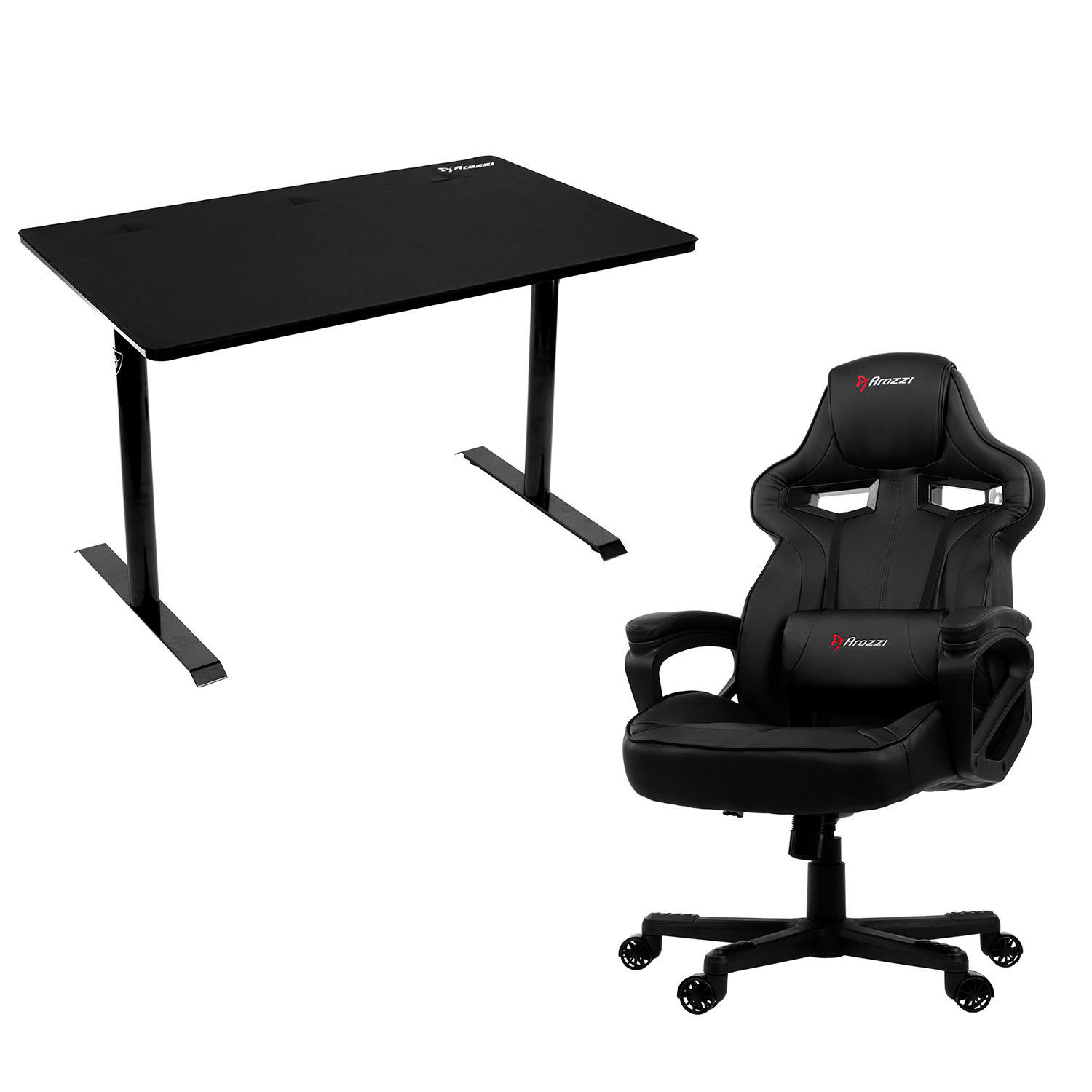 a black desk and supportive black chair on wheels