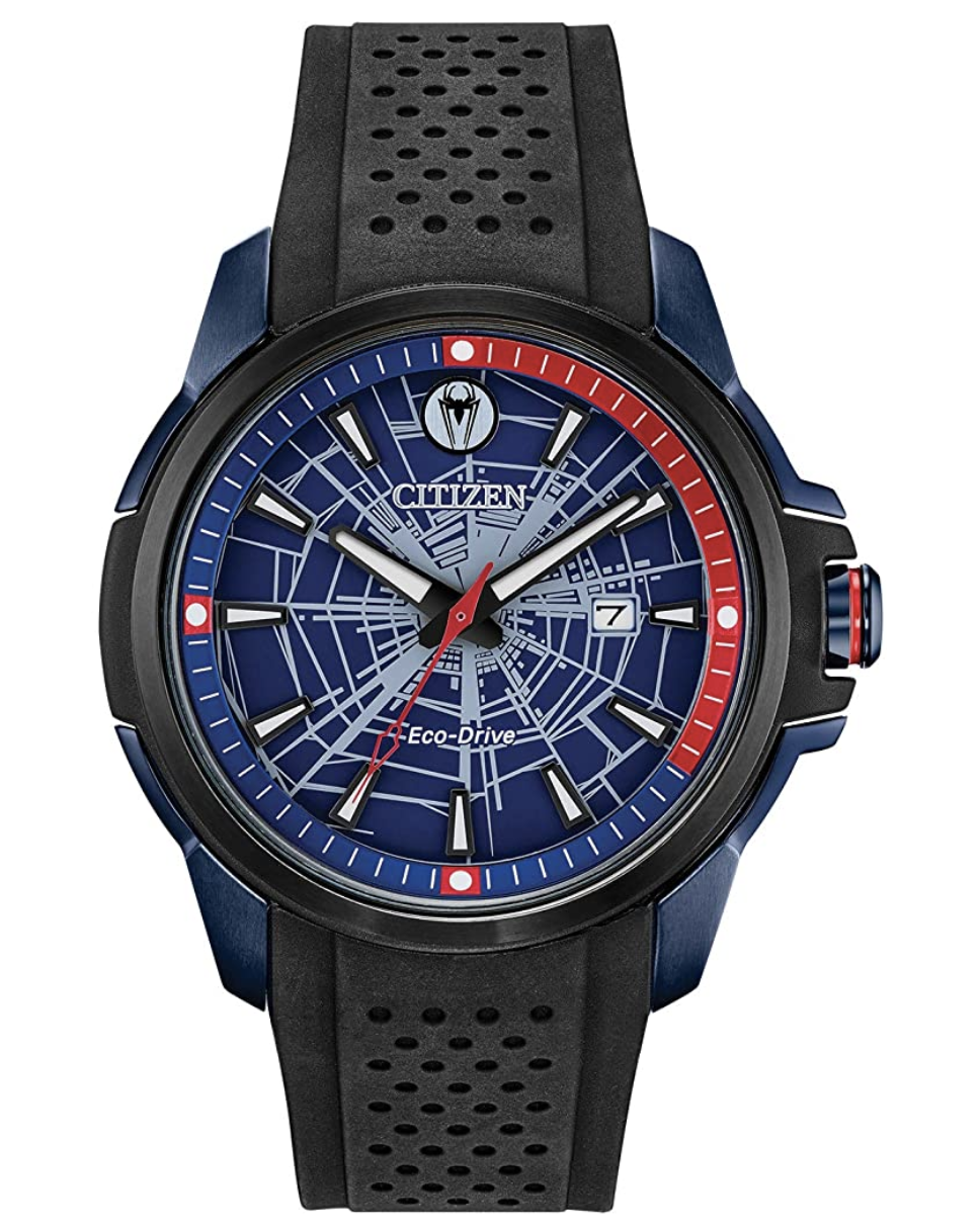 Blue Spider-Man watch with red accents and a black band 
