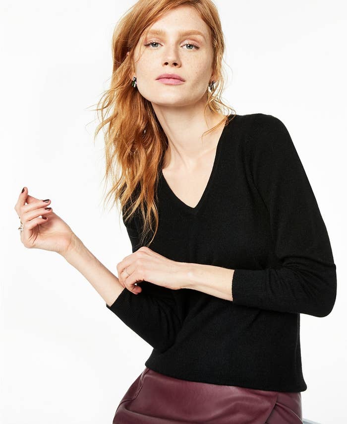 model wearing Charter Club cashmere v-neck sweater in black