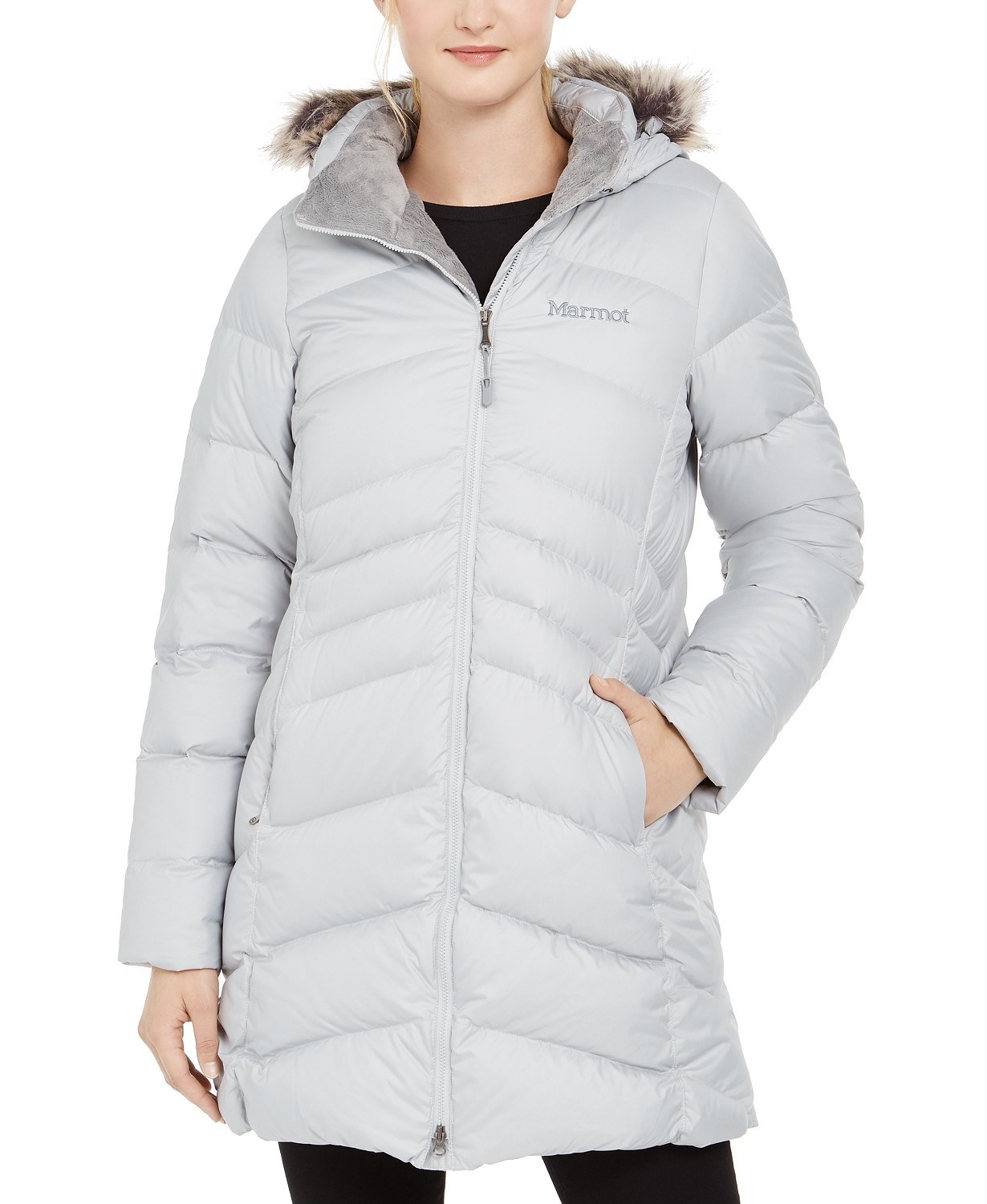model wearing Marmot Montreal parka in bright steel