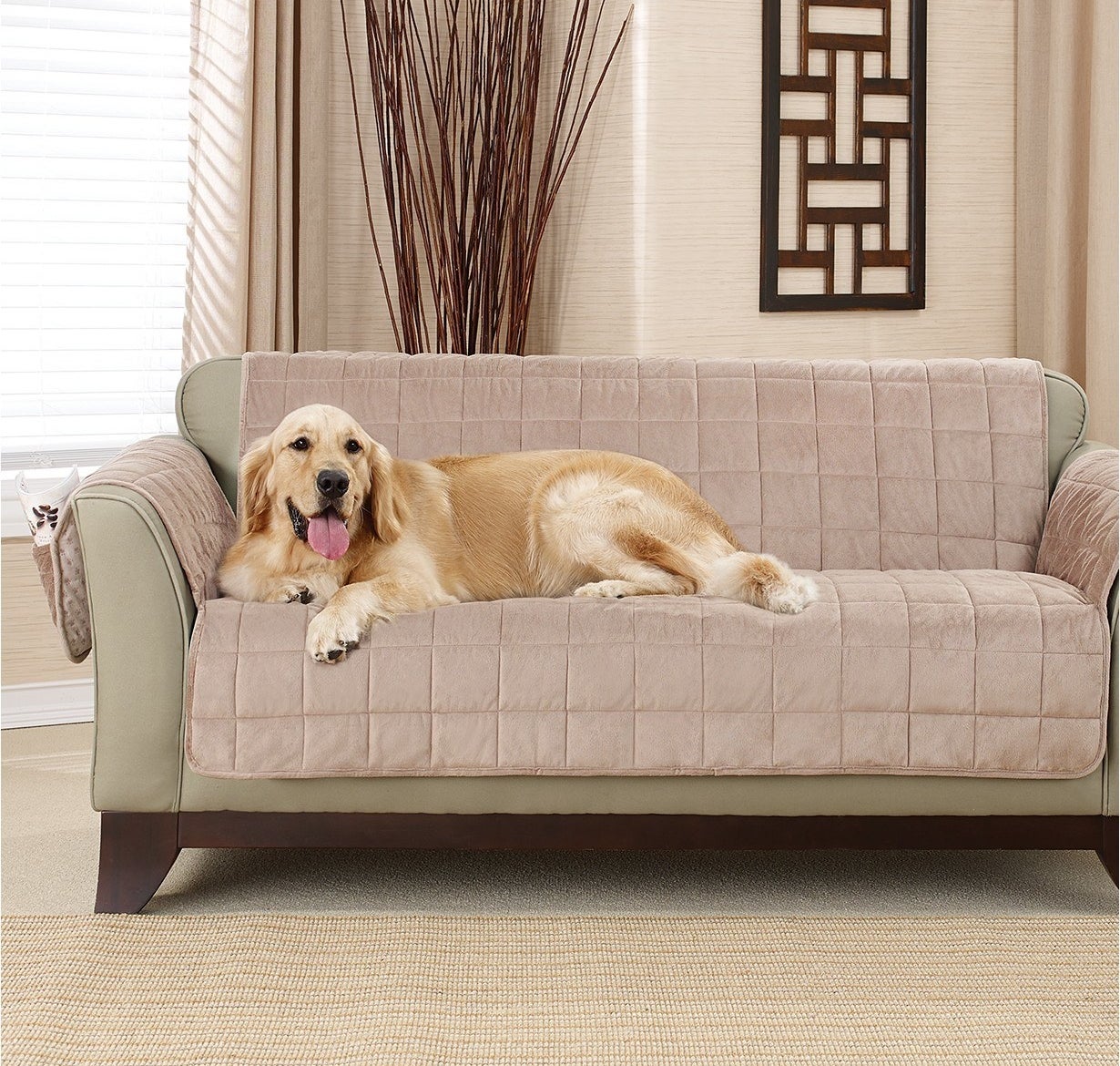golden retriever laying on a couch with the pet slipcover on it 