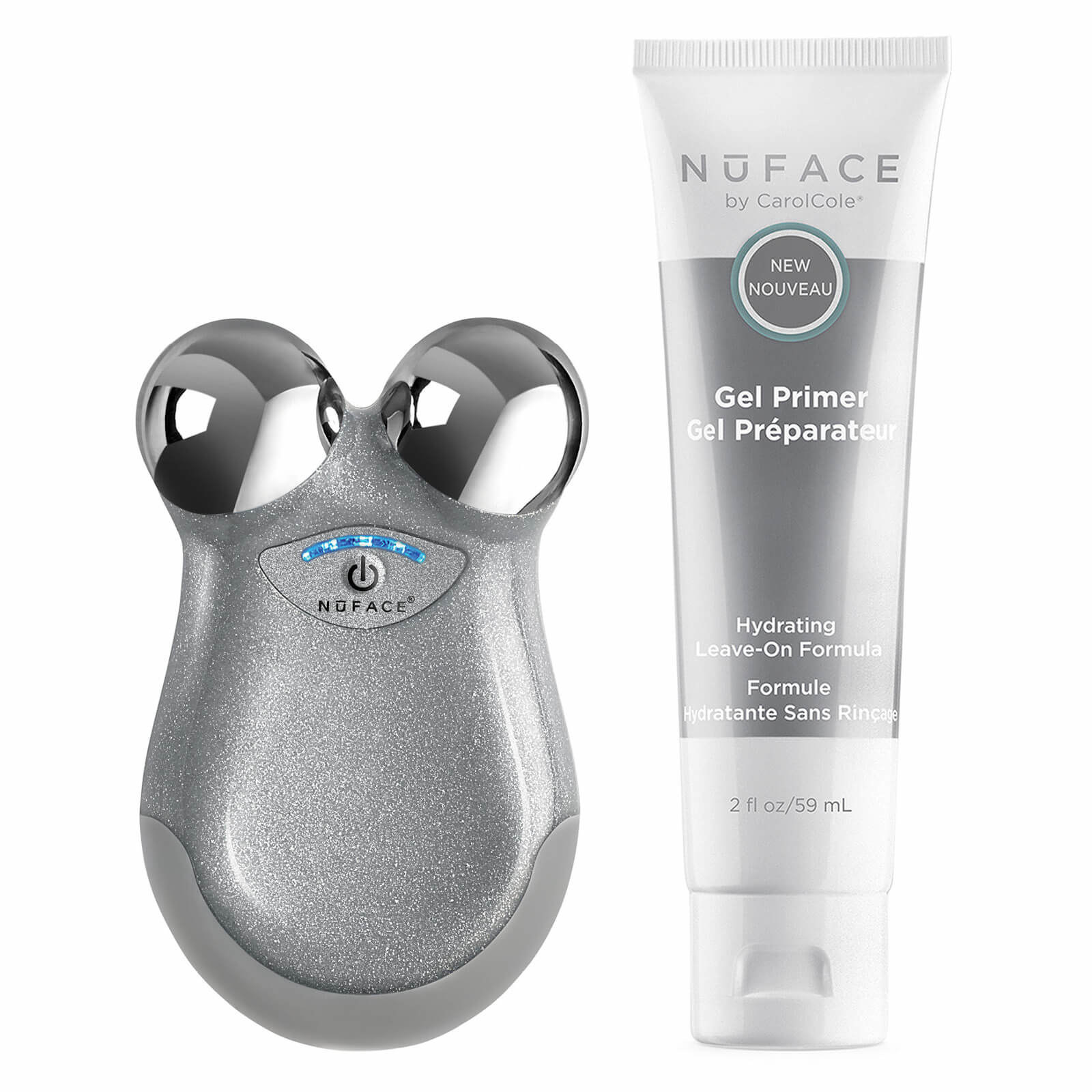 Silver NuFace device with two circular metal balls at the end beside a bottle of the gel primer