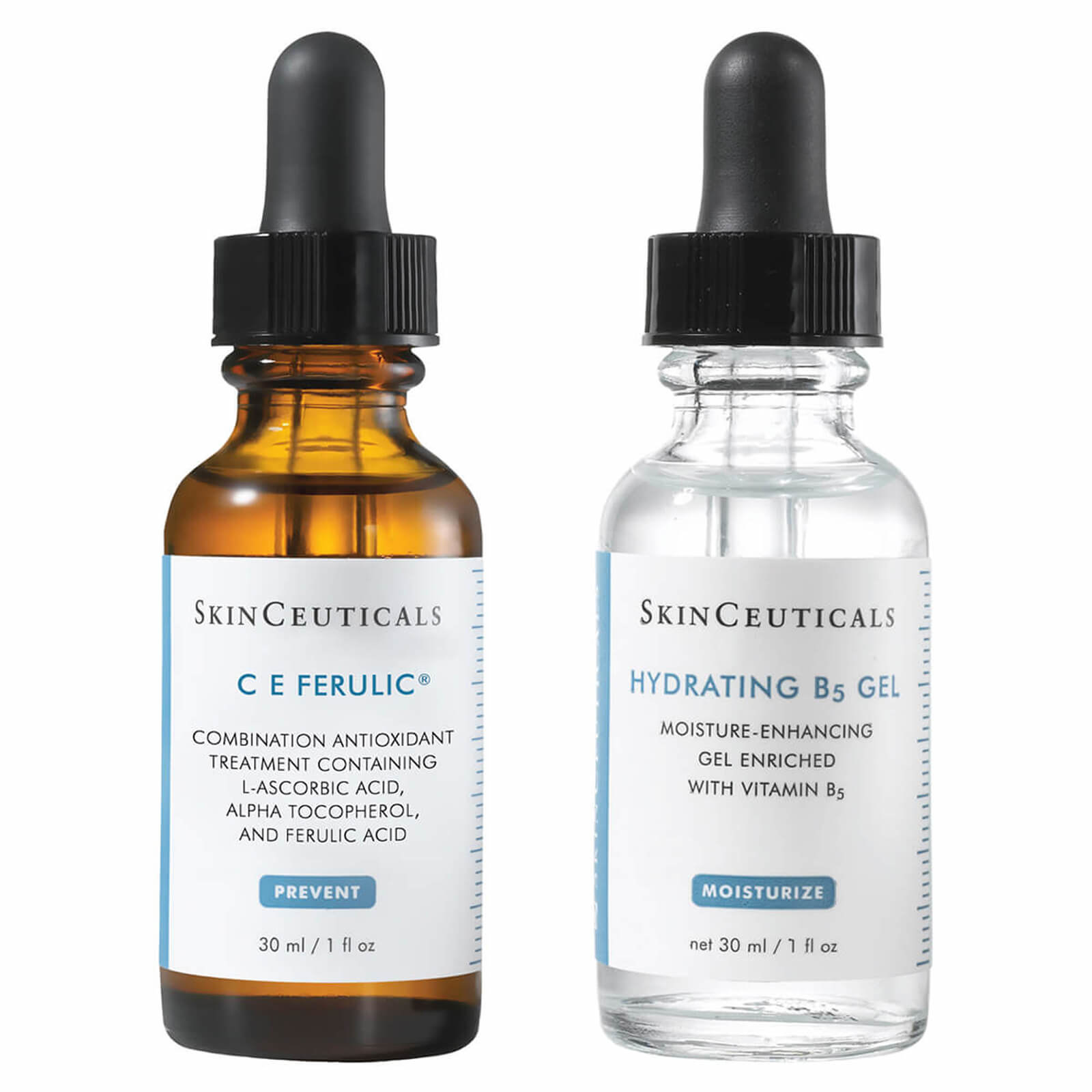 Side by side bottles of C E Ferulic serum and Hydrating B5 Gel moisturizing gel
