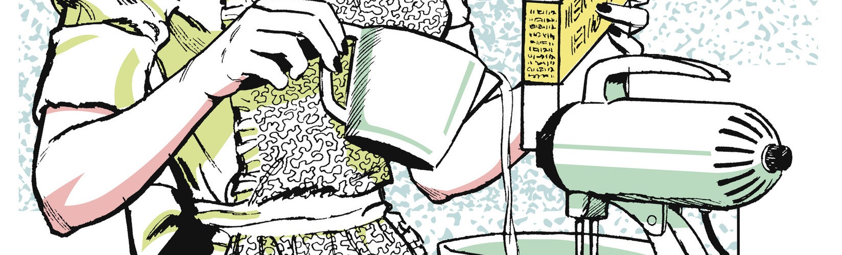 Pedaço de ilustração, com uma pessoa de avental segurando uma caixa de farinha e uma jarra despejando líquido dentro de uma batedeira.