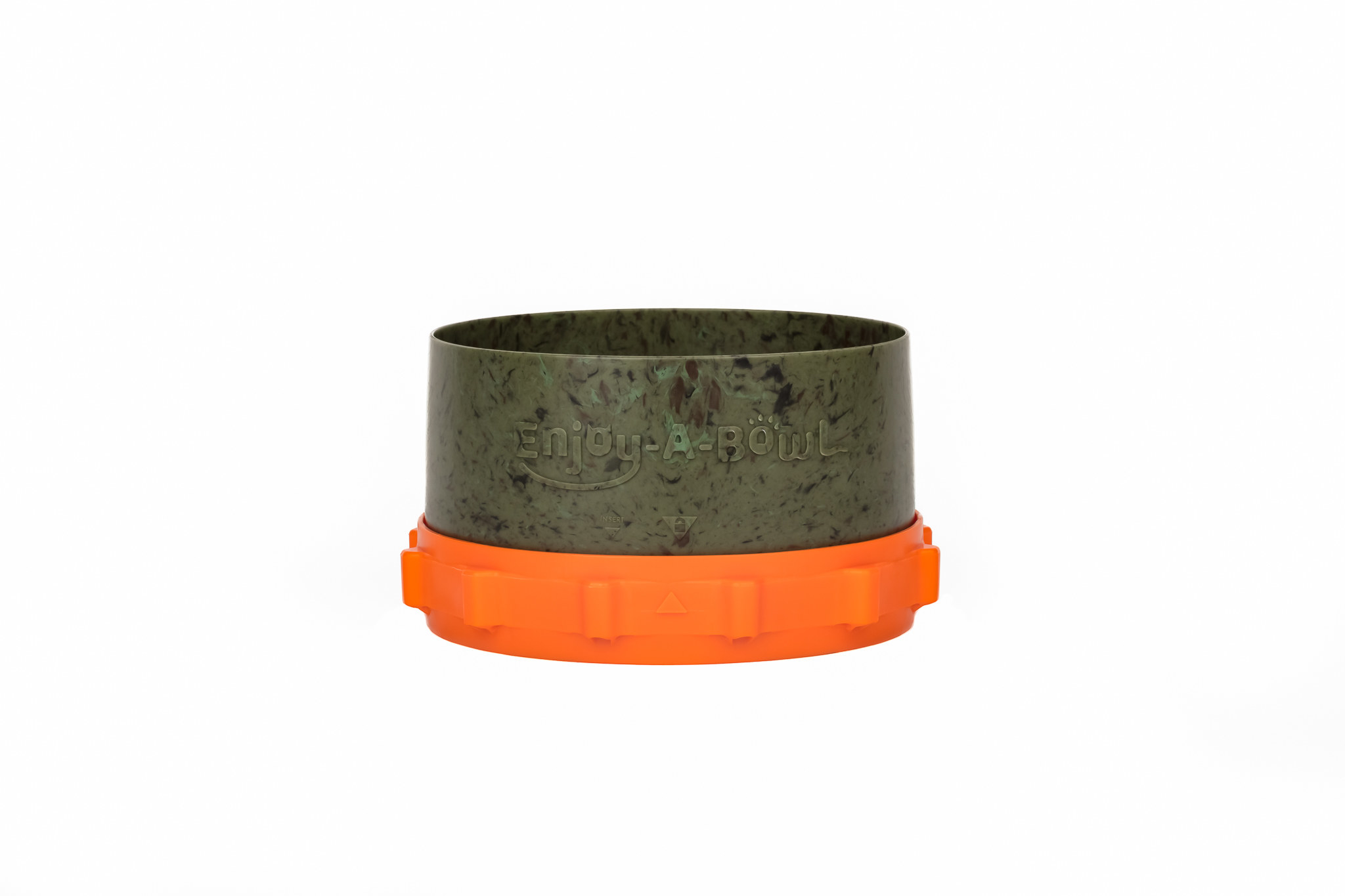 small green pet food bowl with a removable orange compartment on the bottom