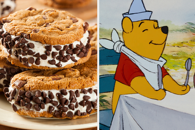An ice cream sandwich with chocolate chips; Pooh Bear from