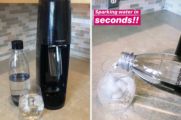 (left) The machine (right) The bottle being poured into a glass, showing how it made sparkling water