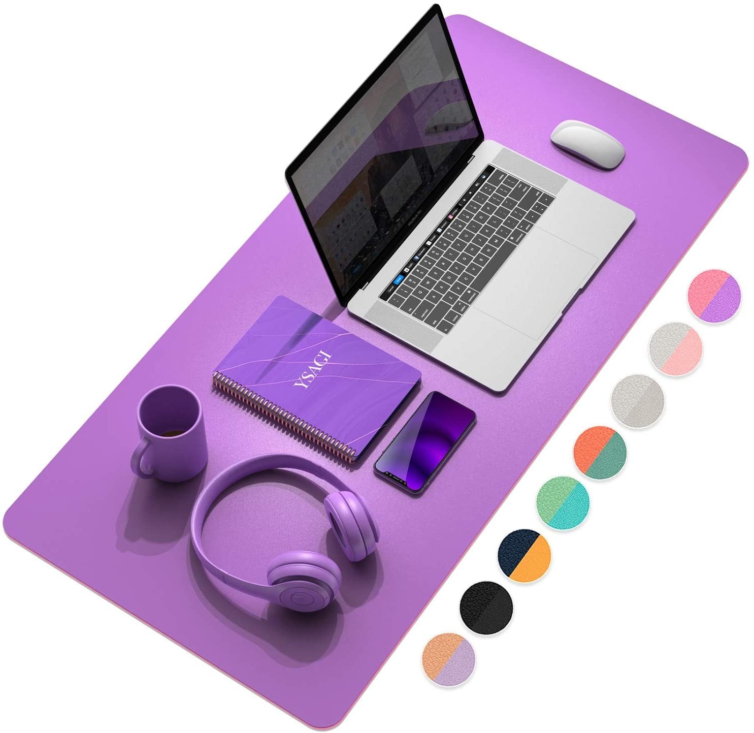 purple desk mat with a laptop and mouse on it