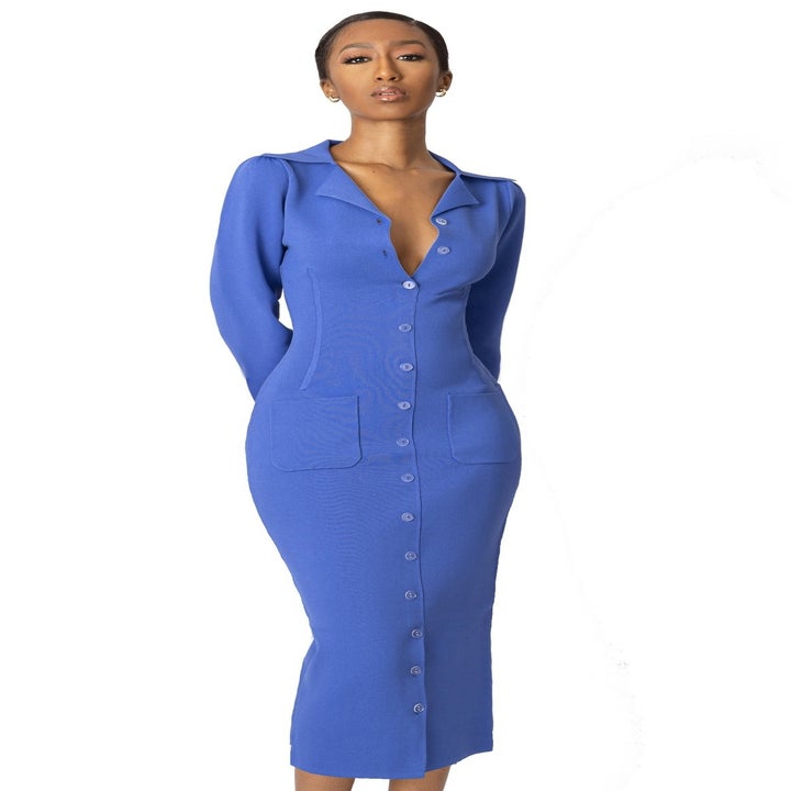 model wearing blue button up midi dress